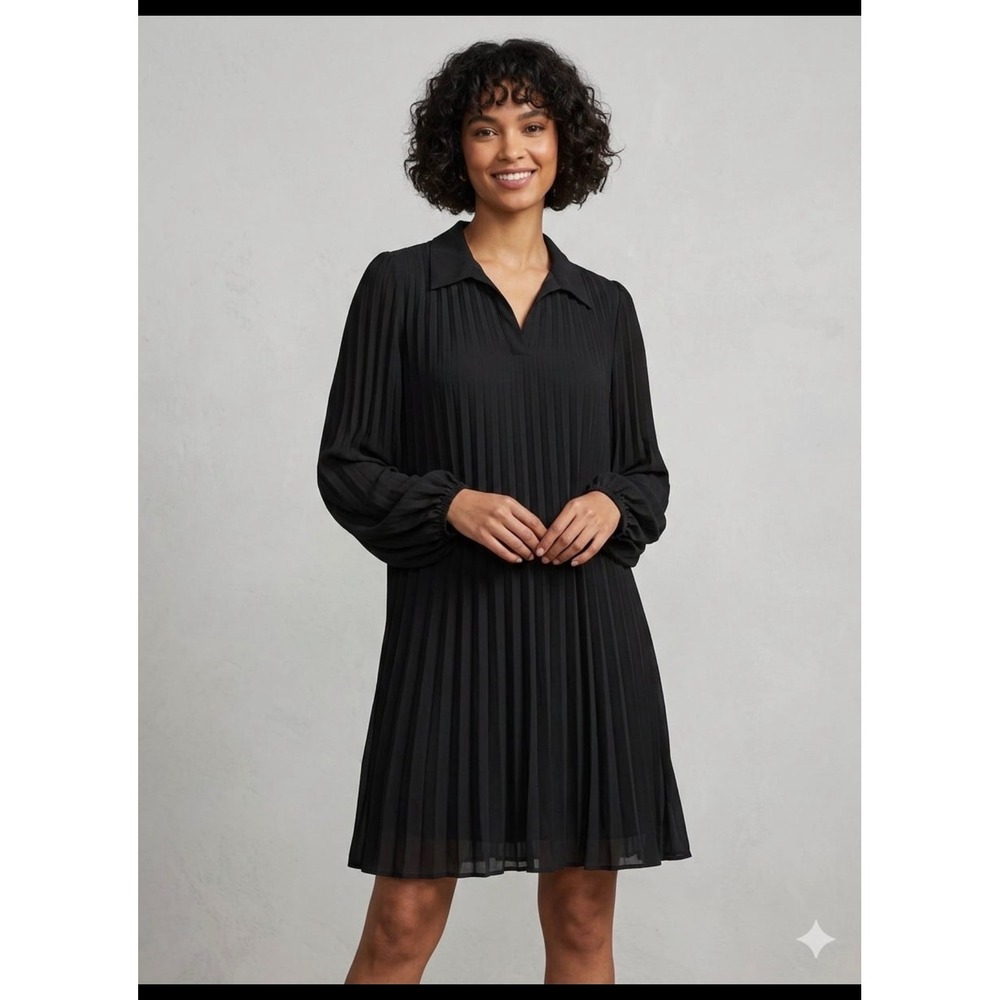 Nine West Black Pleated Long Sleeve Collared Shift Mini Dress Womens Size Medium